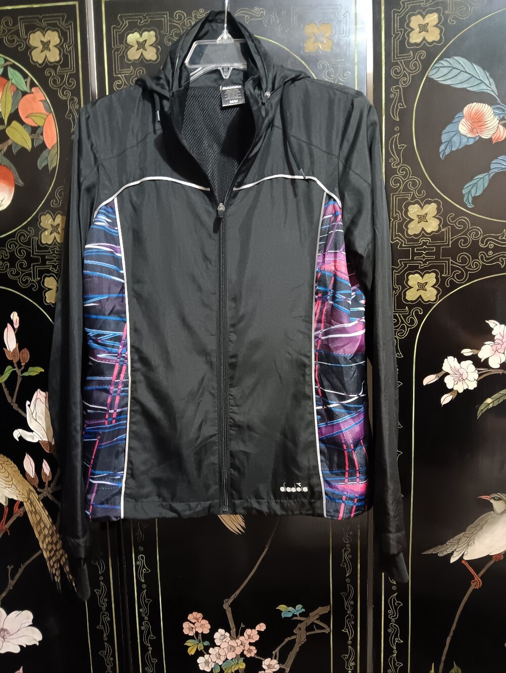 Diadora Women’s Black Hooded Jacket with Blue and Purple Side Panels